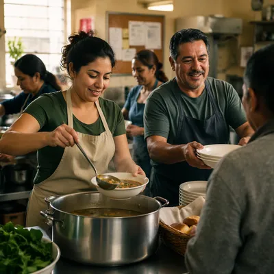 Latino Volunteers Serving Meals in Community Kitchen