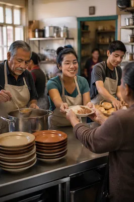 Latino Volunteers Serving Meals in Community Kitchen