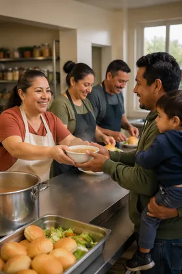 Latino Volunteers Serving Meals in Community Kitchen