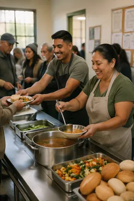Latino Volunteers Serving Meals in Community Kitchen