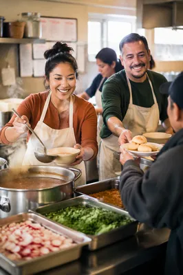 Latino Volunteers Serving Meals in Kitchen