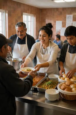 Latino Volunteers Serving Meals in Community Kitchen