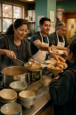 Latino Volunteers Serving Food in Community Kitchen