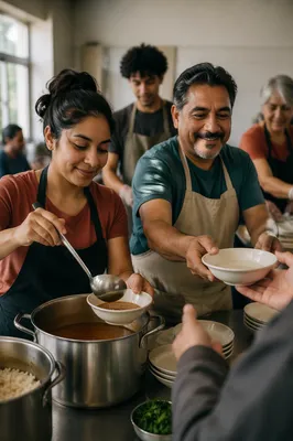 Latino Volunteers Serving Meals in Community Kitchen