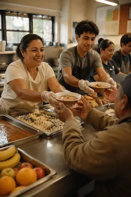 Latino Volunteers Serving Meals in Community Kitchen