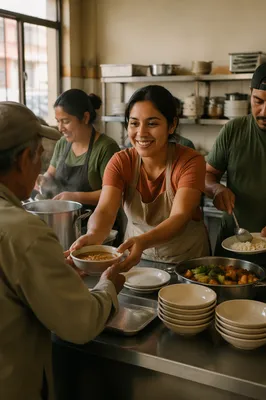 Latino Volunteers Serving Meals in Community Kitchen
