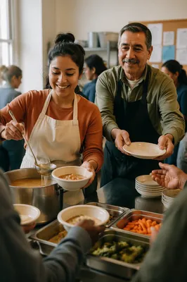 Latino Volunteers Serving Meals in Community Kitchen