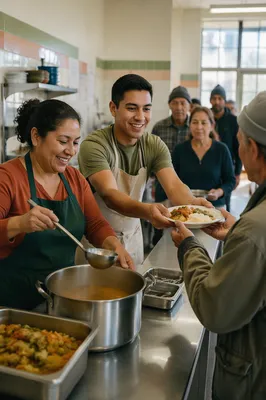 Latino Volunteers Serving Meals in Community Kitchen