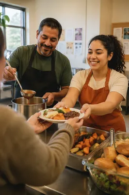 Latino Volunteers Serving Meals in Community Kitchen