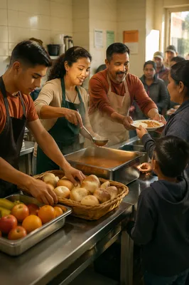 Latino Volunteers Serving Food in Community Kitchen