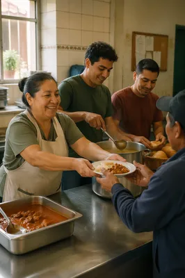 Latino Volunteers Serving Meals in Community Kitchen