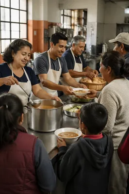Latino Volunteers Serving Meals in Community Kitchen