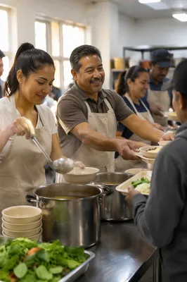 Latino Volunteers Serving Meals in Community Kitchen