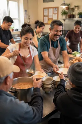 Latino Volunteers Serving Meals in Community Kitchen