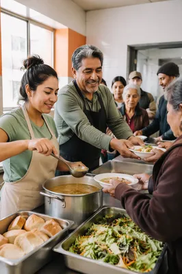 Latino Volunteers Serving Meals in Community Kitchen