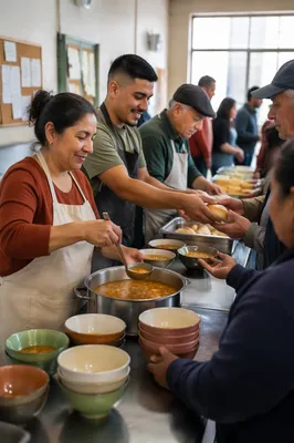 Latino Volunteers Serving Food in Community Kitchen