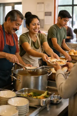 Latino Volunteers Serving Meals in Community Kitchen