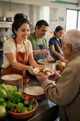 Latino Volunteers Serving Food in Kitchen