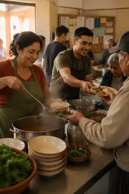 Latino Volunteers Serving Food in Kitchen
