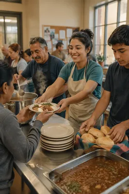 Latino Volunteers Serving Meals in Community Kitchen