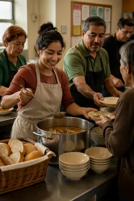 Latino Volunteers Serving Meals in Kitchen
