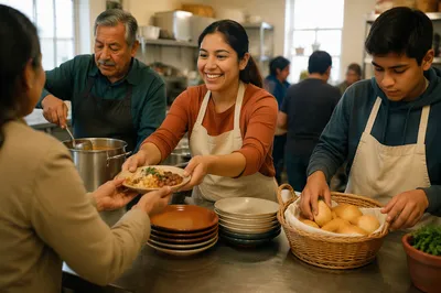 Latino Volunteers Serving Meals in Community Kitchen