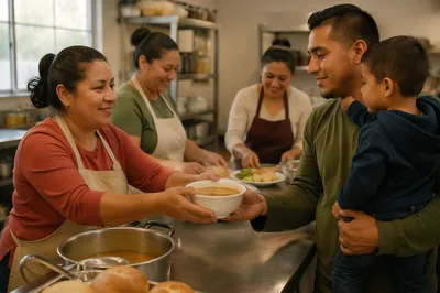 Latino Volunteers Serving Meal in Community Kitchen