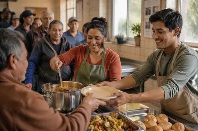 Latino Volunteers Serving Meals in Community Kitchen