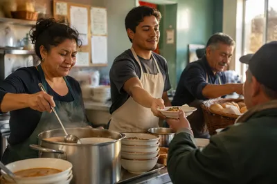 Latino Volunteers Serving Food in Community Kitchen
