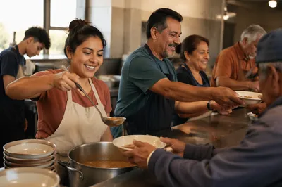 Latino Volunteers Serving Meals in Community Kitchen
