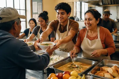 Latino Volunteers Serving Meals in Community Kitchen