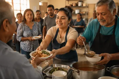 Volunteers Serving Meals in Community Kitchen