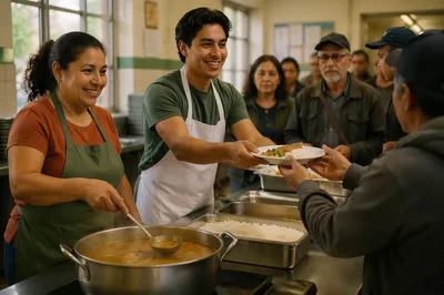 Latino Volunteers Serving Meals in Community Kitchen