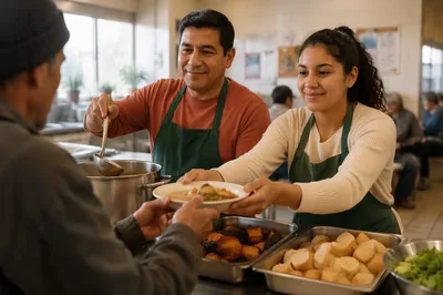 Latino Volunteers Serving Meals in Community Kitchen
