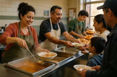 Latino Volunteers Serving Food in Community Kitchen