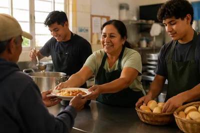 Volunteers Serving Meals in Community Kitchen