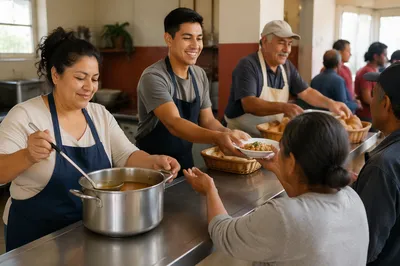 Latino Volunteers Serving Meals in Community Kitchen