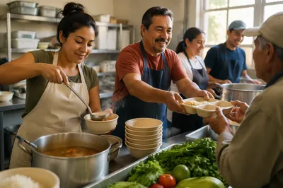 Latino Volunteers Serving Meals in Kitchen