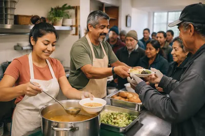 Latino Volunteers Serving Meals in Community Kitchen