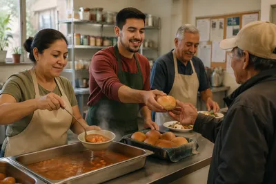 Latino Volunteers Serving Meals in Community Kitchen