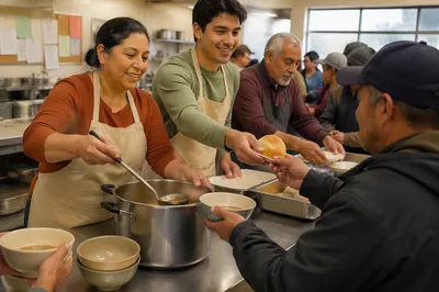 Volunteers Serving Food in Community Kitchen