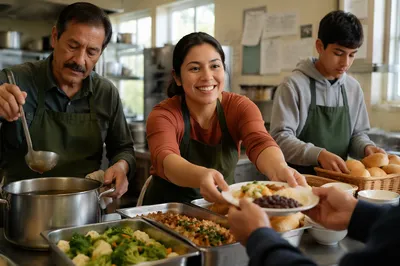 Latino Volunteers Serving Meals in Community Kitchen
