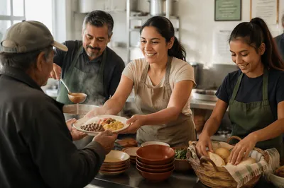 Latino Volunteers Serving Food in Community Kitchen