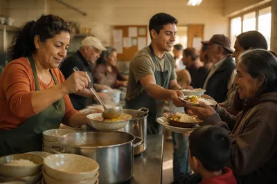Latino Volunteers Serving Food in Kitchen