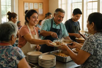 Volunteers Serving Hot Meal in Kitchen