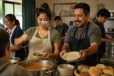 Latino Volunteers Serving Meal in Community Kitchen
