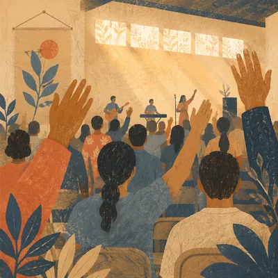 Raised Hands in Community Hall Worship