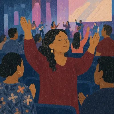Hands Raised in Auditorium Gathering