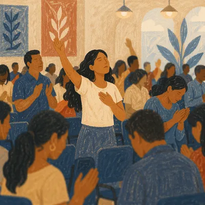 Worshipper with Raised Hand Among Blue Chairs