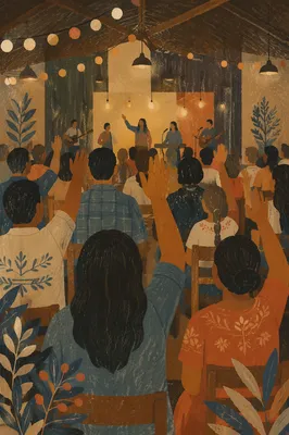 Raised Hands in Warm Indoor Gathering